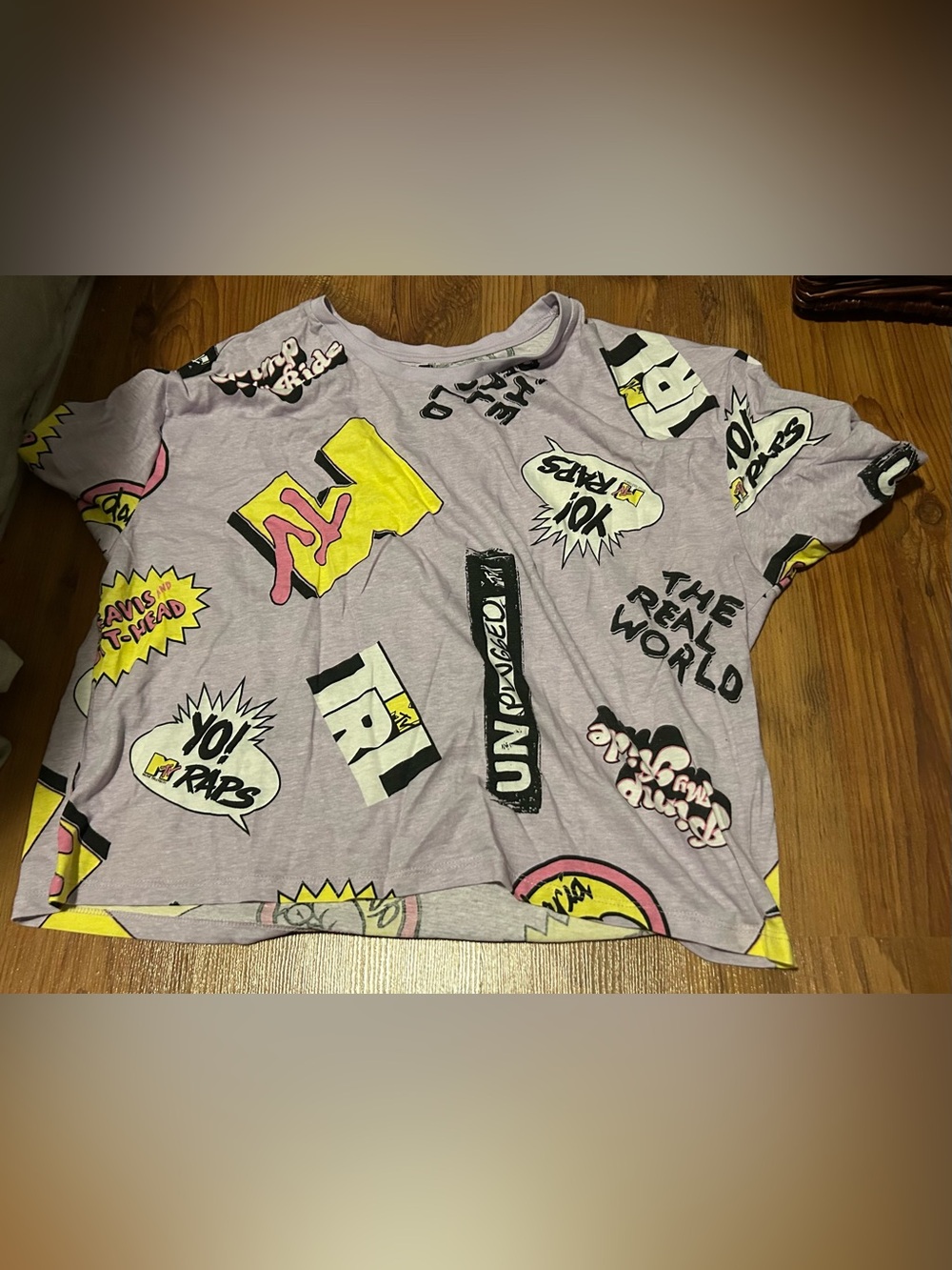 MTV Printed Crop Tee in Lavender with Yellow and Pink Graphics